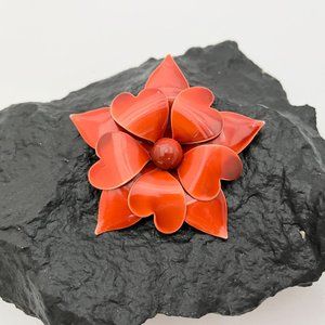 VIBRANT RUST COLOR ENAMEL Brooch, Floral Pin, Heart Shaped Petals, Approx 7cm